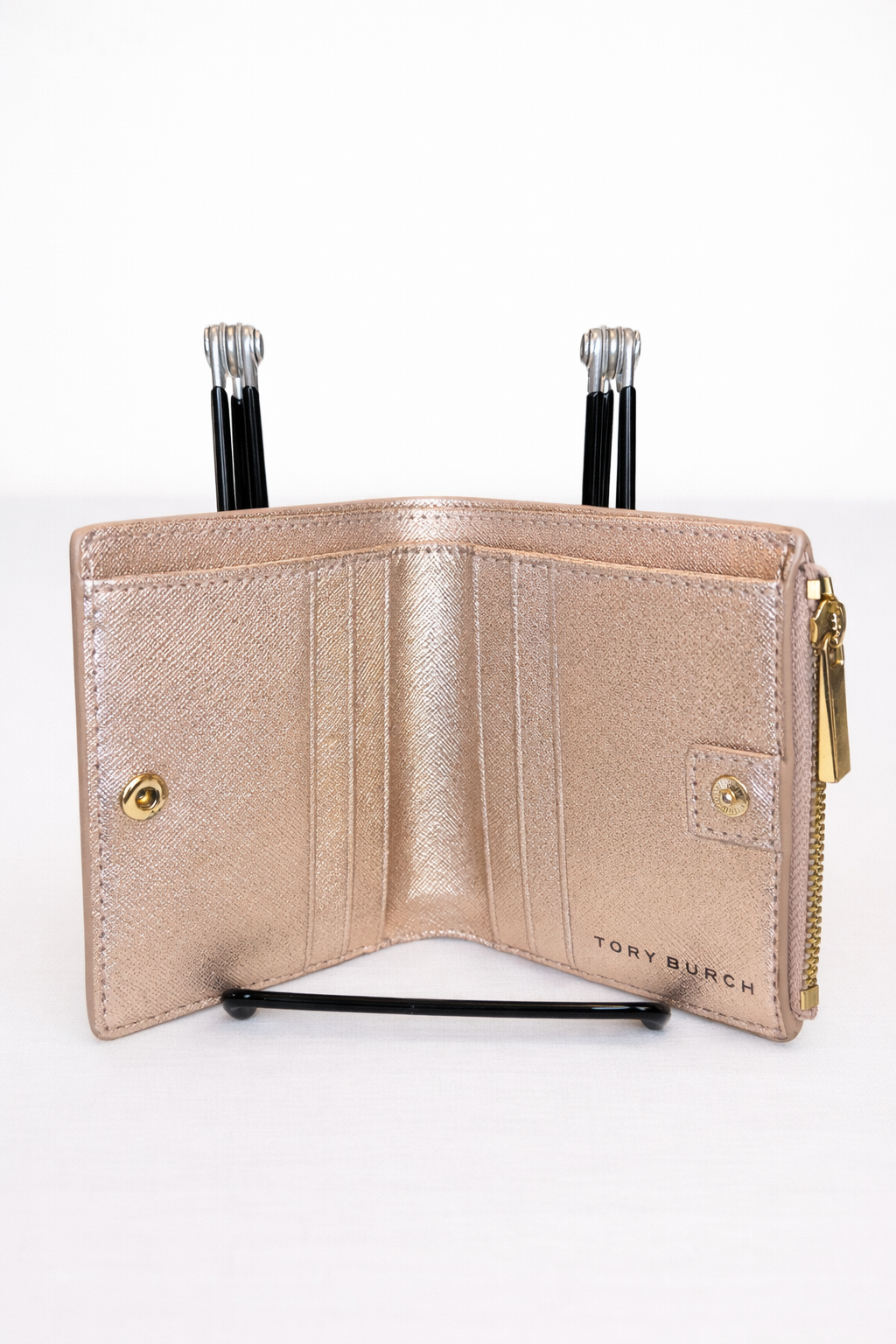 Wallet- Authentic Tory Burch Emerson Metallic Mini Wallet in Rose Gold