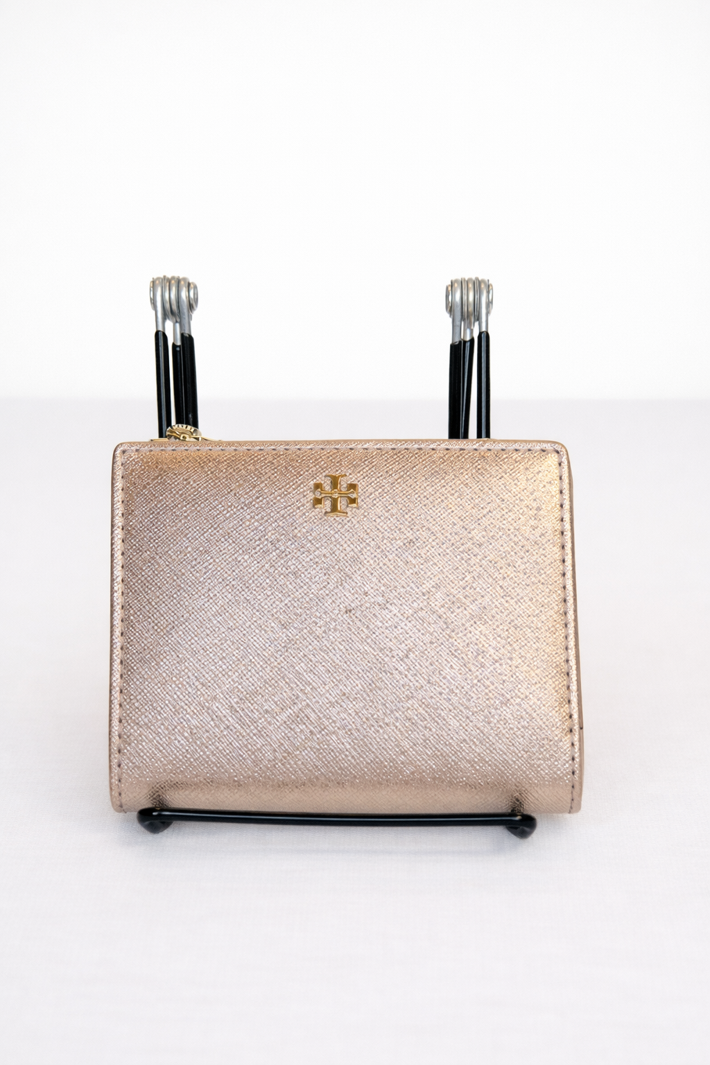 Wallet- Authentic Tory Burch Emerson Metallic Mini Wallet in Rose Gold